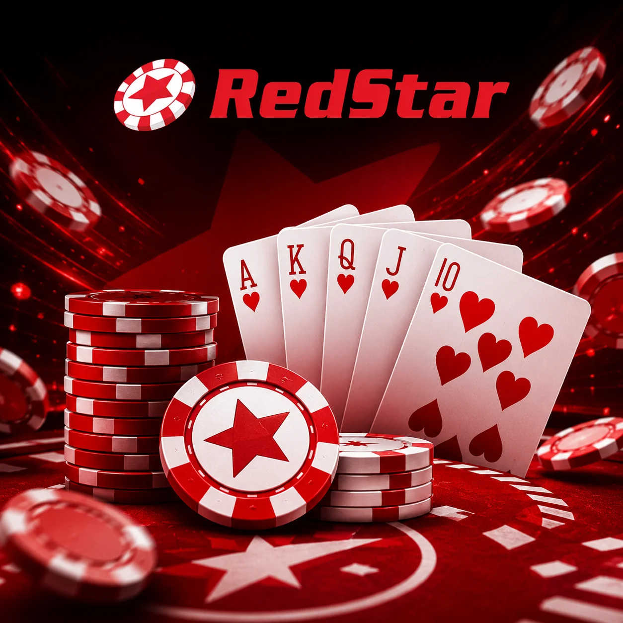 Покерный стол RedStar с игральными картами и фишками казино.