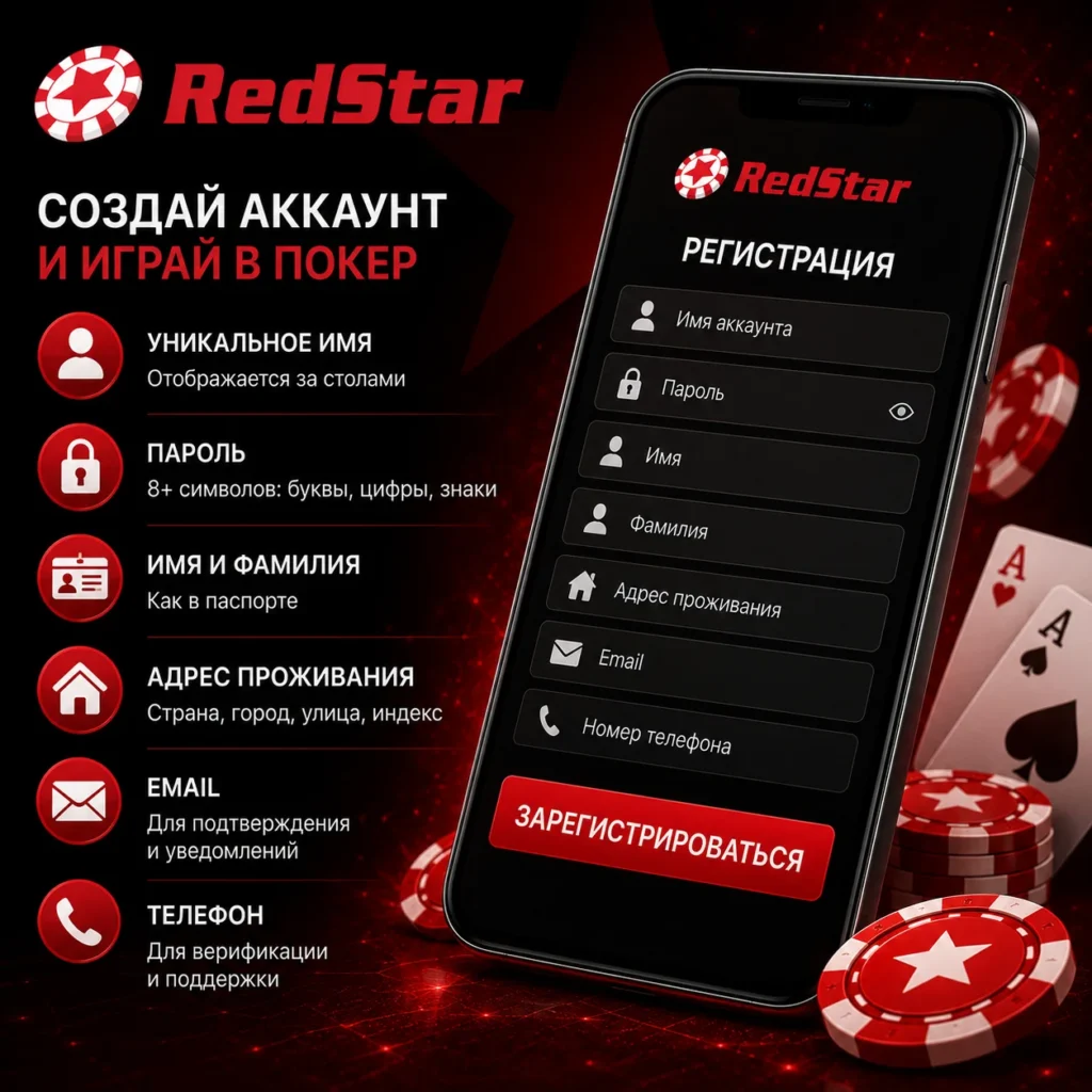 Регистрационная форма RedStar Poker с данными учетной записи.