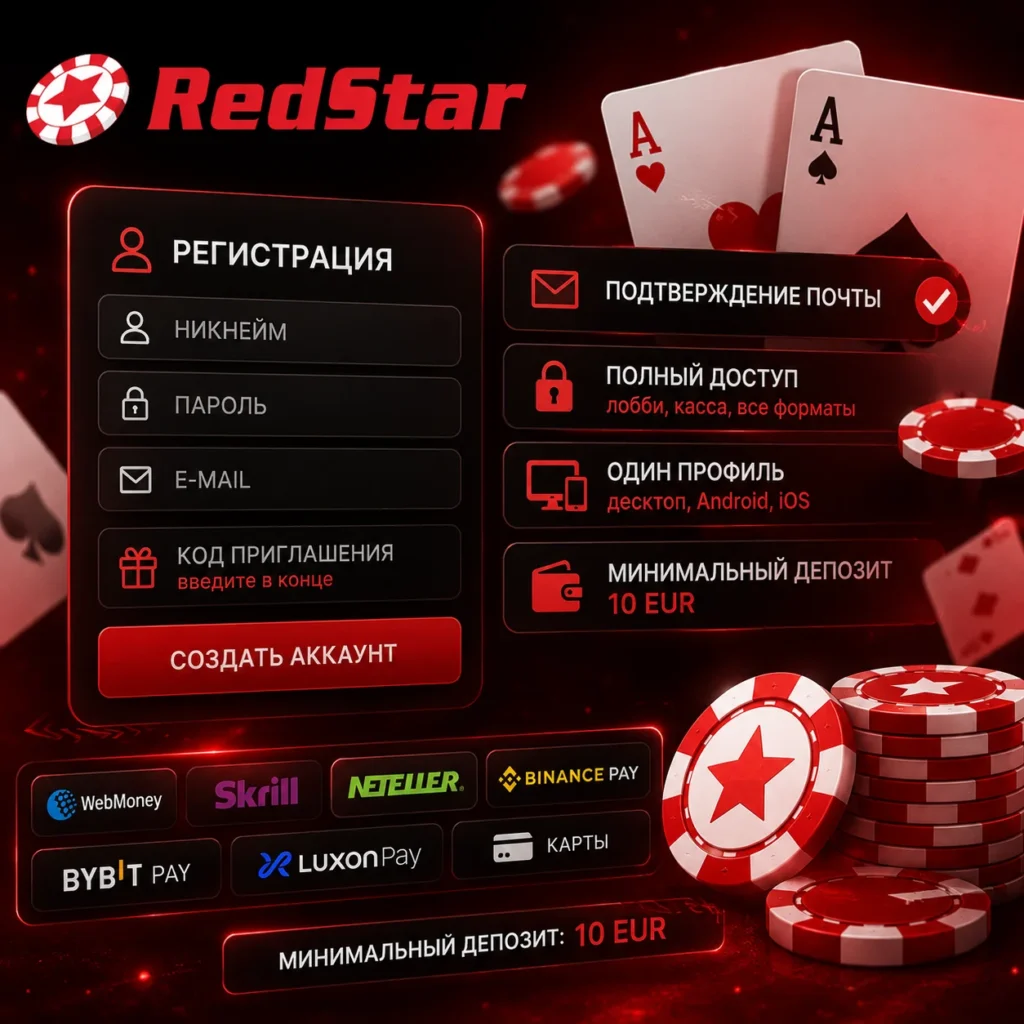 Регистрация аккаунта RedStar Poker с указанием способов оплаты.